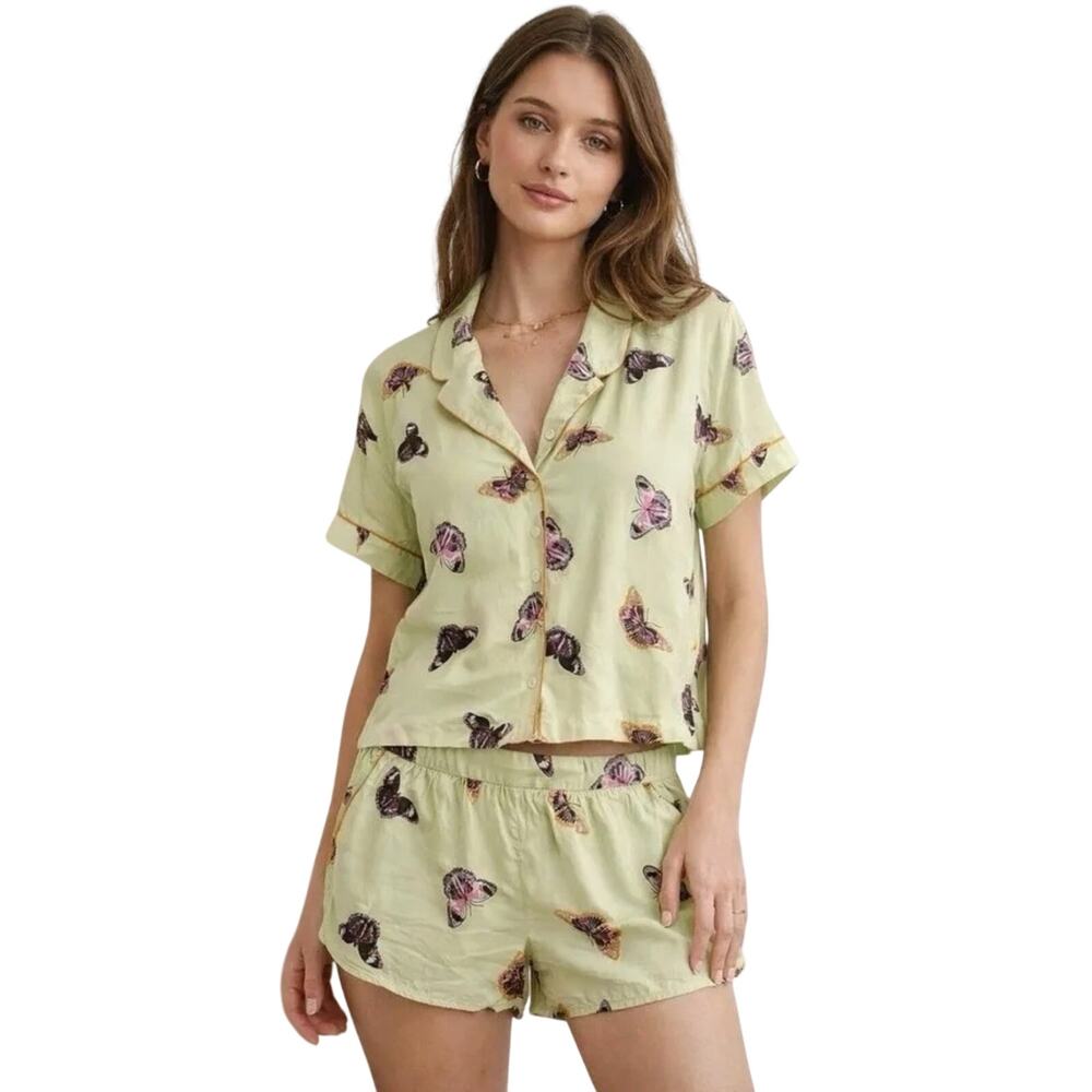 Anthropologie Green Butterfly 2 Piece Pajama Set L Short Sleeve Shorts Satin